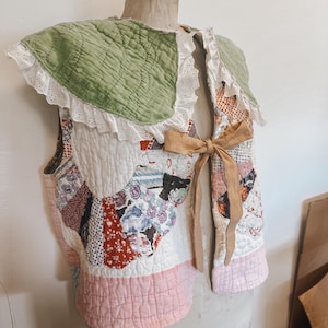 WOMENS large Handmade Upcycled Quilt Vest Cottagecore Patchwork Vest with Lace Collar made with a vintage quilt one of a kind hand made sewn