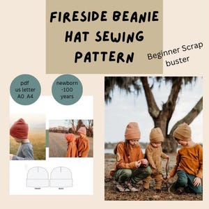 Puede incluir: Un patrón de costura para un gorro, con el título "Fireside Beanie Hat Sewing Pattern" y el texto "Beginner Scrap buster" en la esquina superior derecha. El patrón está disponible en formato PDF, tamaños US letter y A0. El patrón es para recién nacidos hasta 100 años. La imagen también muestra a tres niños con gorros en un entorno de parque.