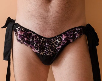 Euphoria / black cotton and leopard print tie side panties / men underwear / fetish / ABDL sissy