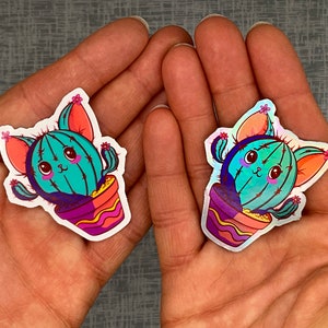 Sticker cactus chat mignon vibrant - Stickers imperméables, holographiques arc-en-ciel et transparents