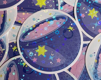 Witch's Space Cauldron Holographic Star Vinyl Sticker - Witchy, Laptops, Scrapbooking, Occult