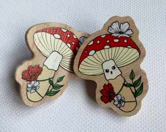 Cute Nature Cottagecore Mushroom Toadstool with Foliage Wooden Badge Pin