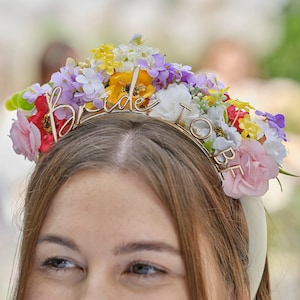 Floral Bride To Be Headband - Bride To Be Sash Alternative - Boho Team Bride-Faux Flowers & Gold Lettering Hair Accessory-Bachelorette Party
