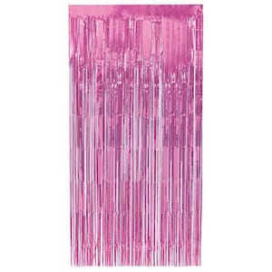 May include: Pink metallic foil fringe curtain. The curtain is made of thin strips of foil that hang down from a horizontal bar. The foil is shiny and reflects light.
