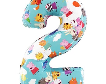 May include: A large, number 2-shaped balloon with a light blue background and a repeating pattern of cartoon characters, suns, and other shapes. The balloon is decorated with characters from the Peppa Pig series. This balloon is suitable for a birthday party.