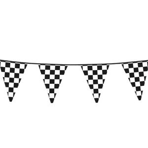 May include: Black and white chequered flag bunting. The bunting is made of triangular flags strung together on a string.