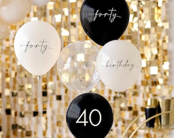 40th Birthday Balloon Bundle Pack of 5, 40th Birthday Party Decorations, Fortieth Party Decor, Gold and Black Birthday Decor