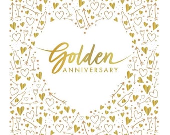 May include: A white background with a gold heart-shaped border filled with gold illustrations of wine bottles, glasses, hearts, and arrows. The words "Golden Anniversary" are written in gold script.