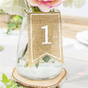 Hessian Wedding Table Numbers, Hessian White Script Wedding Table Numbers 1 - 20, Wedding Table Decor, Table Number Centre Pieces