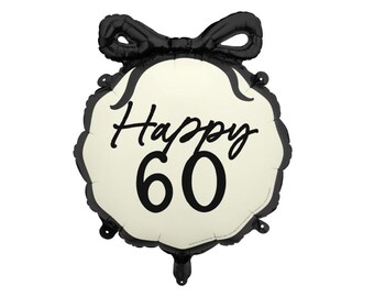 Happy 60 Black Bow Foil Balloon, Monochrome 60thBirthday Party Balloon, Black Bow Theme 60th Balloons, 60th Birthday Party Balloons