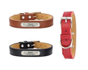 Leather Personalized Dog Collar, Adjustable Custom Dog ID Collar, Leather Dog Collars with Name and Phone Number