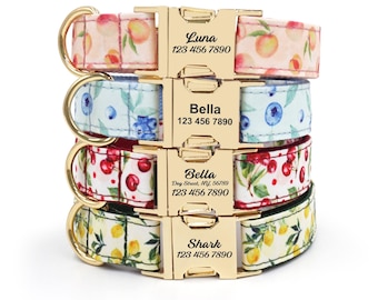 Custom Fruit Dog Collar Set: Engraved Buckle, Cotton Leash & Bowtie
