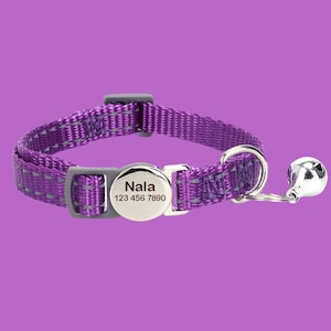 Reflective Personalized Cat Collar with Bell, Engraved Nylon Purple Cat Collar with Custom Name, Cat Gift, Kitten ID Collar, Quick Release