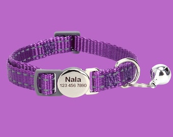 Reflective Purple Cat Collar: Engraved ID Tag, Bell, Quick Release