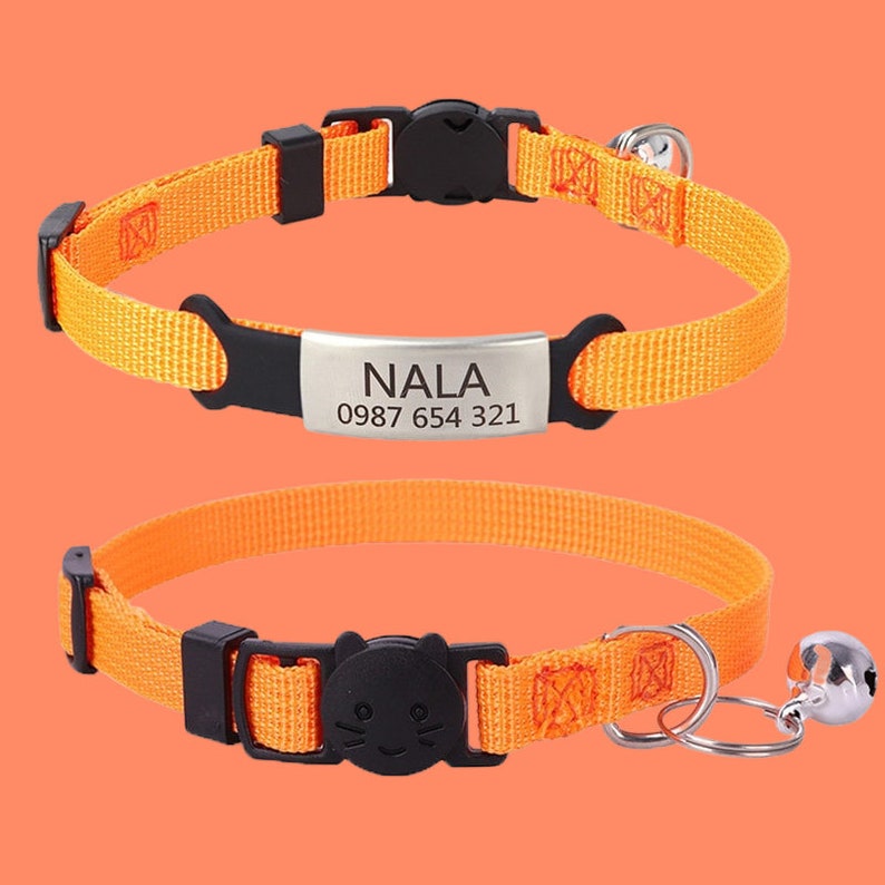 Custom Cat Collars with Name Tag, Nylon Soft Adjustable Personalized Cat Collar With Bell, Quick Release Kitten Collar, Cat Gift Orange