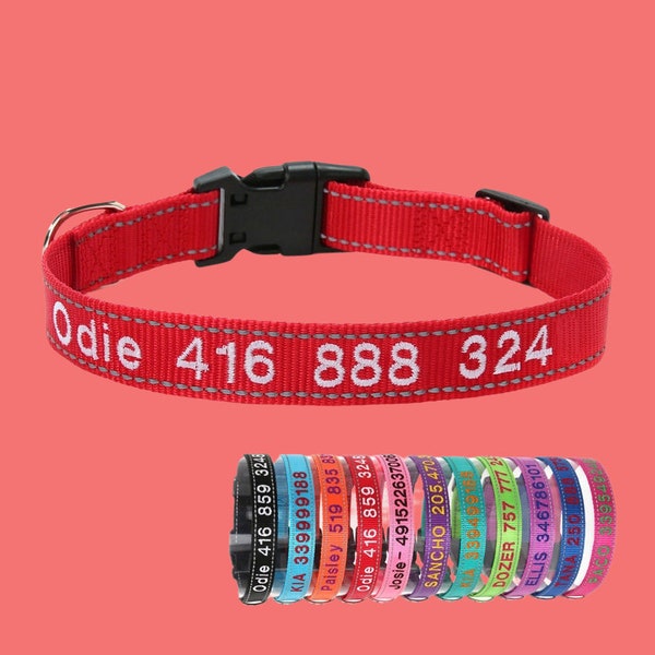 Reflecterende gepersonaliseerde halsband, aangepaste honden-ID-halsbanden, nylon halsband voor huisdieren, geborduurde halsband met snelsluiting, hondencadeau