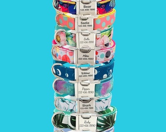 Floral Dog Collar with Leash Set: Personalized Pet Collar, Engraved Metal Buckle