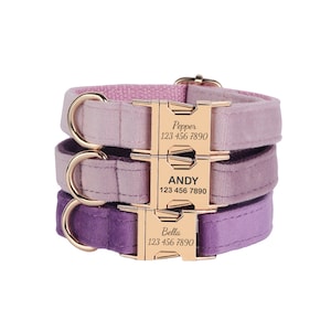 Velvet Personalized Dog Collar Leash Set With Flower,Purple Custom Puppy Collar, Engraved Pet Name Metal Buckle, Wedding Dog Gift