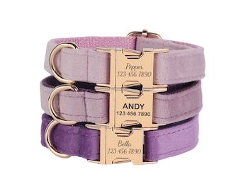 Velvet Personalized Dog Collar Leash Set: Engraved Buckle, Purple Flower
