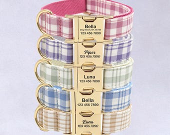 Personalized Plaid Dog Collar Set: Engraved Buckle, Bow Tie & Leash