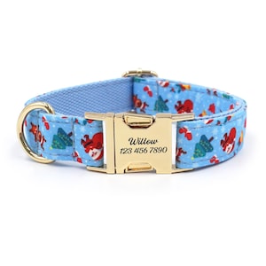 May include: A blue dog collar with a gold buckle and a Christmas-themed pattern. The buckle is engraved with the text "Willow 123 456 7890".