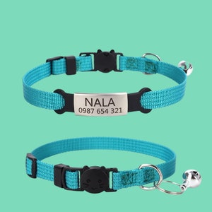 Op maat gemaakte kattenhalsband met naamplaatje, nylon zachte verstelbare gepersonaliseerde kattenhalsband met bel, kittenhalsband met snelle ontgrendeling, kattencadeau Teal