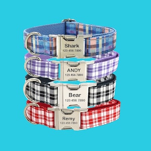 Plaid Personalized Dog Collar with Bow Tie  Leash Set, Custom Engraved Pet Name Metal Buckle, Puppy Birthday Gift, Free Shipping