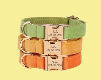 Velvet Personalized Dog Collar Leash Set, Green+Orange, Engraved Pet Name Metal Buckle, Wedding Dog Gift, Custom Puppy Collar