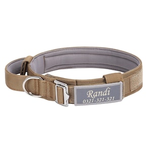 May include: A tan nylon dog collar with a silver buckle and a gray patch with the name "Randi" and phone number "0321-321-321" printed in gold.