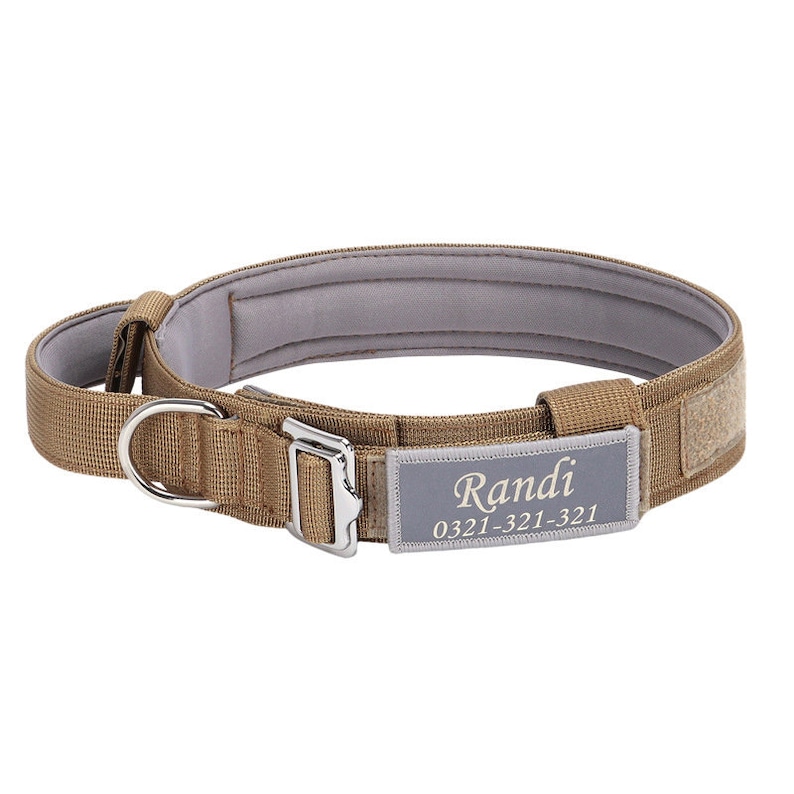 May include: A tan nylon dog collar with a silver buckle and a gray patch with the name "Randi" and phone number "0321-321-321" printed in gold.