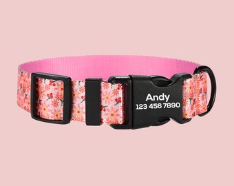 Personalized Dog Collar, Pink Flower Custom Dog Collar with Leash and Bow tie, Adjustable  Personalized Puppy Collar with Name, Dog Gift