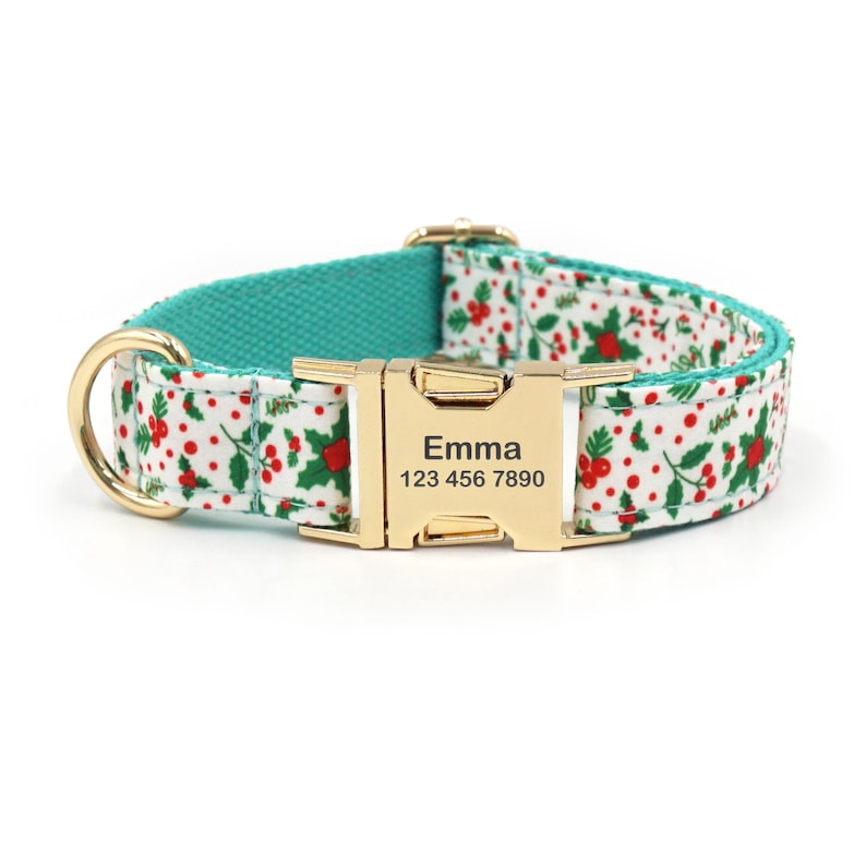 May include: A turquoise and white dog collar with a gold buckle. The collar has a holly and berry pattern and is personalized with the name "Emma" and the phone number "123 456 7890".
