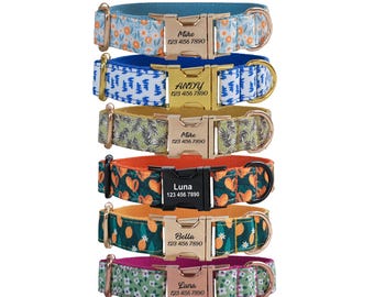 Flower Print Personalized Dog Collar, Engraved Buckle, Custom ID
