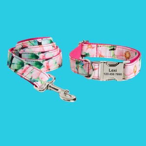 Cute Print Personalized Dog Collar, Floral Custom Pet Collar with Leash Set, Custom Engraved Pet Name Metal Buckle imagem 10