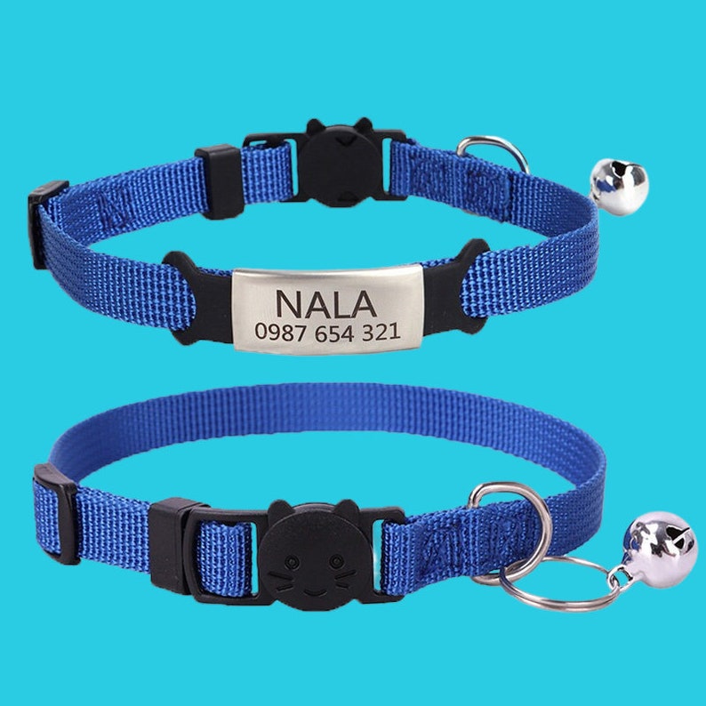 Custom Cat Collars with Name Tag, Nylon Soft Adjustable Personalized Cat Collar With Bell, Quick Release Kitten Collar, Cat Gift Navy