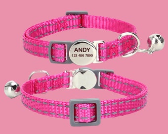 Reflective Pink Cat Collar with Bell: Personalized Engraved Nylon, Quick Release