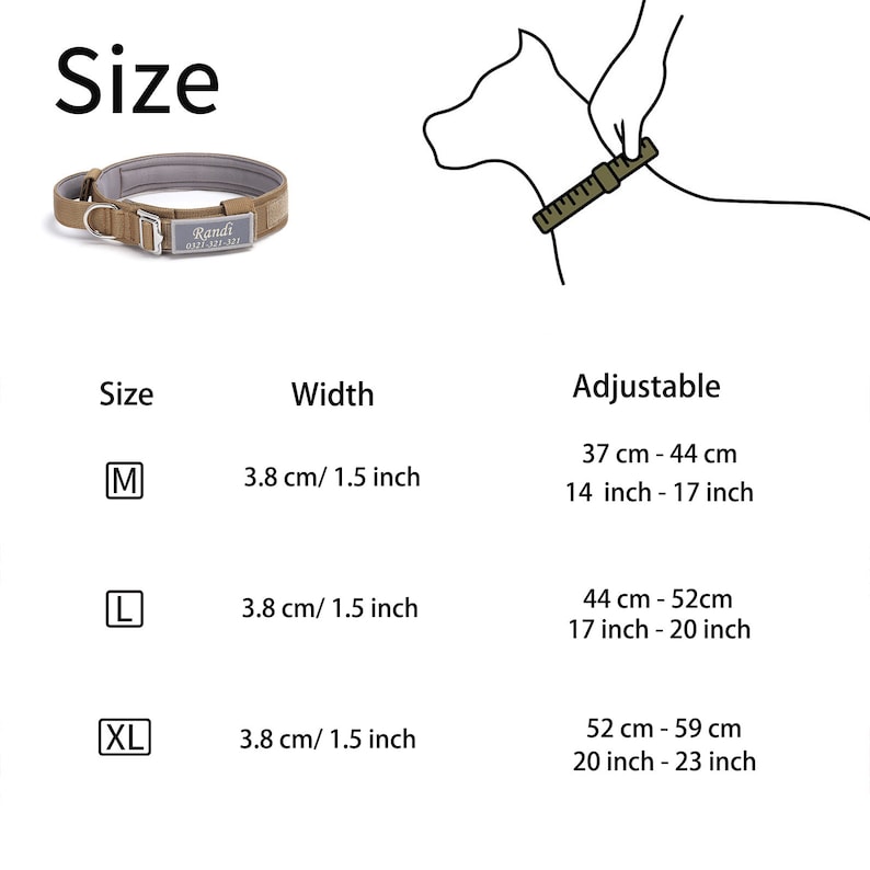 May include: A size chart for a dog collar, showing the width and adjustable length of the collar in both inches and centimeters. The collar is brown with a silver buckle and a name tag that says "Randi".