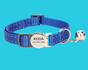 Reflective Blue Cat Collar: Personalized Engraved Nylon with Bell