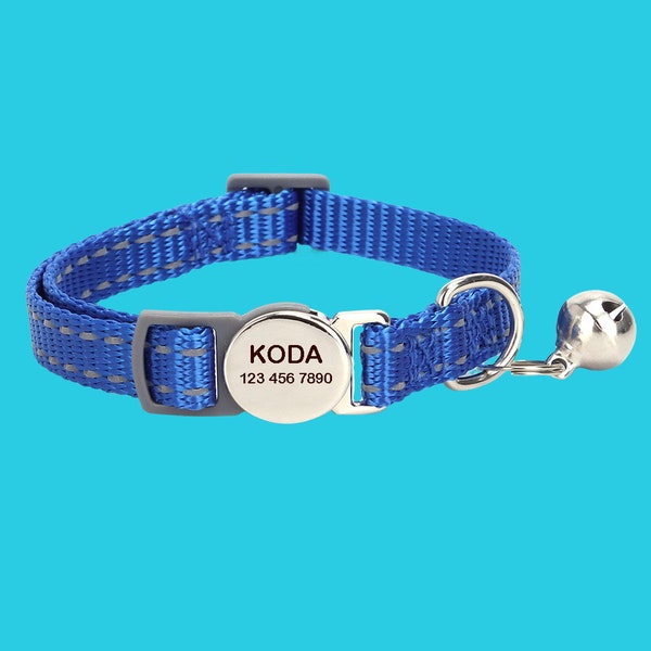 Reflecterende gepersonaliseerde blauwe kattenhalsband met bel, gegraveerde nylon blauwe kattenhalsband met naam, kattencadeau, kitten ID-halsband, snelle release