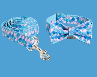 Mermaid Print Personalized Dog Collars, Adjustable Floral Custom Puppy ID Collar, Engraved Buckle Pet Collar, Dog Gift