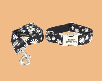 Schwarze Daisy Print Personalisierte Hundehalsbänder, verstellbares florales benutzerdefiniertes Welpen-ID-Halsband, graviertes Schnalle-Haustierhalsband, Hundegeschenk