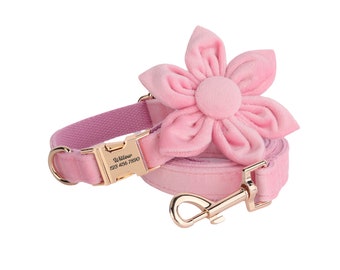 Pink Velvet Dog Collar Leash Set With Flower, Cute Personalized Dog Collars, Engraved Puppy Name Metal Buckle, Wedding Dog Gift