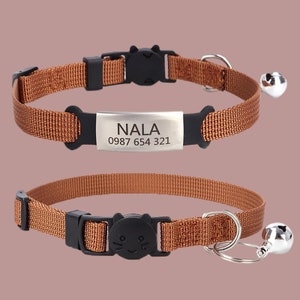 Custom Cat Collars with Name Tag, Nylon Soft Adjustable Personalized Cat Collar With Bell, Quick Release Kitten Collar, Cat Gift Brown