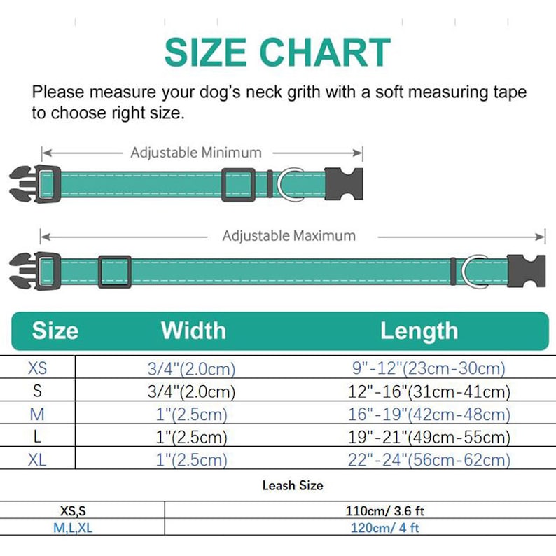 May include: Size chart for dog collars with measurements in inches and centimeters. The chart shows the adjustable minimum and maximum neck size for each collar size, XS, S, M, L, and XL. The chart also includes leash size recommendations in inches and centimeters.