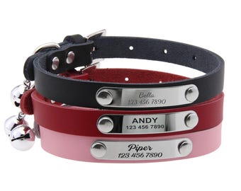 Personalized Leather Cat Collar with Engraving and Bell