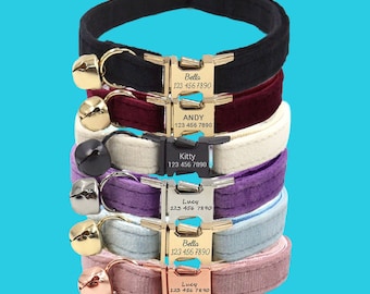 Collier pour chat personnalisé en velours avec noeud papillon, plaque nominative gravée personnalisée