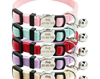 Personalized Velvet Safety Cat Collar with Engraved ID Metal Buckle and Bell