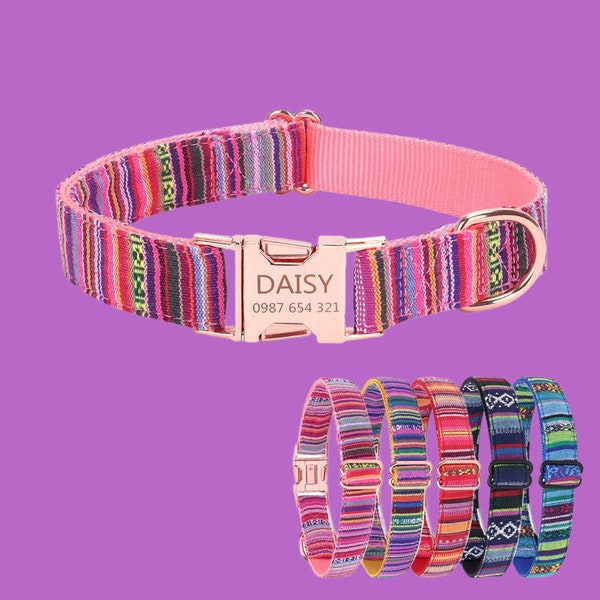 Adjustable Personalize Dog Collar, Customized Puppy Collars, Stripe Modern Engraved Dog Gift