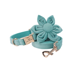 Custom Velvet Dog Collar Leash Set With Flower, Cute Personalized Puppy Collars, Engraved Dog Name Metal Buckle, Wedding Dog Gift