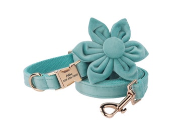 Custom Velvet Dog Collar Leash Set with Flower: Engraved Buckle